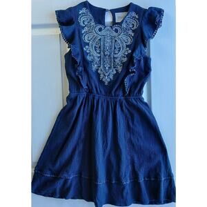 Moon River Embroidered Ruffles Mini Dress XS dark navy blue keyhole fully lined
